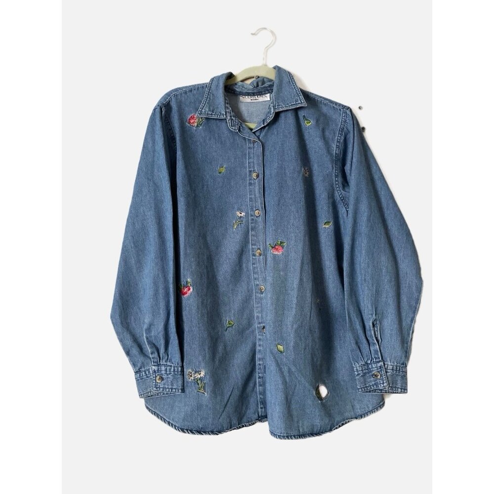 Victoria Jones Women 100% Cotton Blue Denim Jacket Embroidery Size 1X. Pre-Own